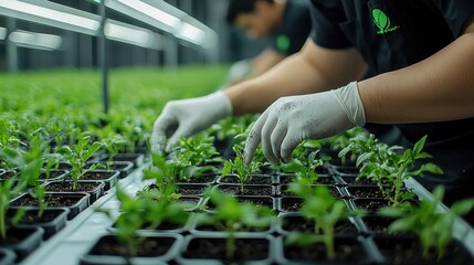 Poster - An agronomist and farmers work together in a modern agricultural training center on planting techniques that minimize environmental impact.