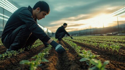 Poster - An agronomist and farmers work together in a modern agricultural training center on planting techniques that minimize environmental impact.