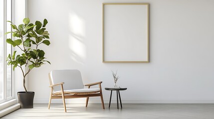 Poster - Modern Room with Chair and Plant, Blank Frame, Interior Design