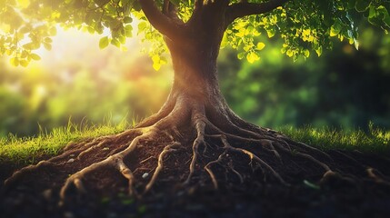 Canvas Print - Majestic tree with exposed roots at sunset.