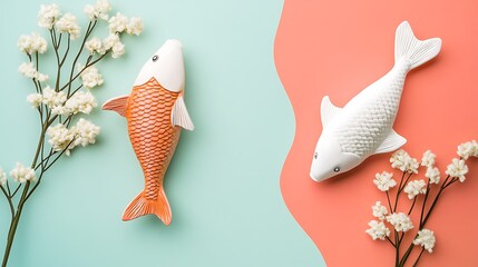 Aufkleber - Decorative Fish, Floral Arrangement, Pastel Background, Home Decor, Photo