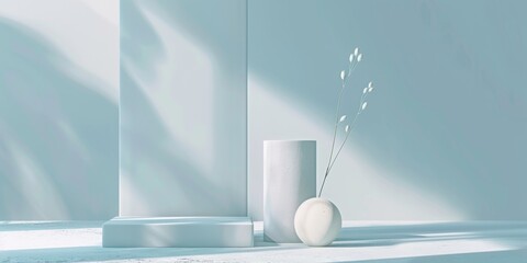 Poster - A minimalist aesthetic featuring a soft ice blue backdrop, Minimalist design elements arranged symmetrically, Modern minimalist style