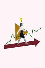 Poster - Poster trend sketch template 3D collage of challenge leadership competition success purpose ambition target young woman walk arrow route