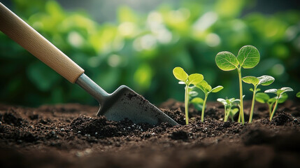 Poster - Including a trowel and pruning shears, gardening tools rest on freshly turned dark soil, surrounded by tiny green sprouts. The sun casts soft shadows.
