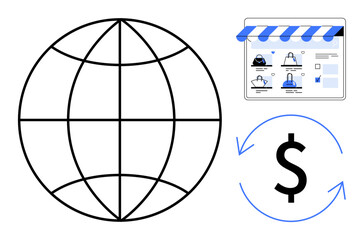 Wall Mural - Earth globe, online shopping interface for products, and currency exchange arrows. Ideal for e-commerce, global trade, digital marketing, online payments, currency exchange, international business