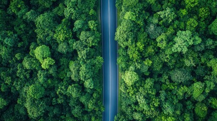 Poster - Straight road winding through a lush, dense forest surrounded by rich green foliage under bright daylight. Generative AI