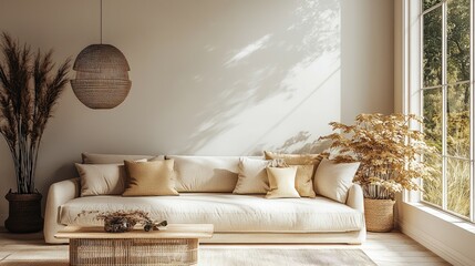 Poster - A minimalist living room with white walls, a large sofa in a beige color, and a light wooden coffee table.