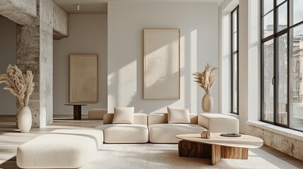 Poster - A minimalist living room with white walls, a large sofa in a beige color, and a light wooden coffee table.