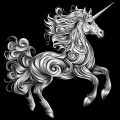 Poster - Ornate unicorn design, black background, art