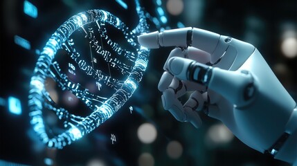 Leinwandbilder - This holographic projection shows a robotic hand manipulating DNA strands, emphasizing precision medicine and genetic innovation.