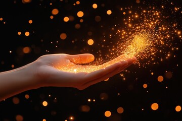 Poster - Hand holding golden magic dust with sparkling glitter on black background