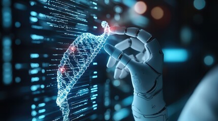 Leinwandbilder - This holographic projection shows a robotic hand manipulating DNA strands, emphasizing precision medicine and genetic innovation.