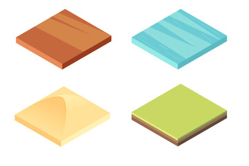 set of different isometric square land plot with green grass, desert, or water. soil with layers. ga