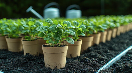 Poster - Seedlings are planted in biodegradable pots, surrounded by cultivators, watering cans, and spades. The soil is loose and aerated, perfect for new growth.