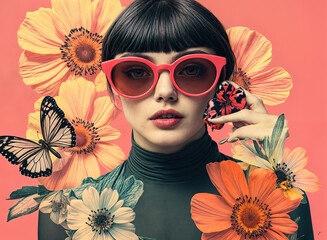 Wall Mural - Fashionable woman wearing bold red sunglasses, her face highlighted against a backdrop of blooming flowers and butterflies.