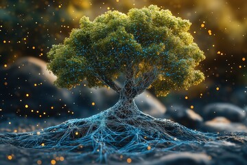 Poster - Green tree growing with digital roots and branches symbolizing technology and nature