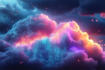 Poster - Cloud computing growth symbolized by binary code rain falling from colorful clouds