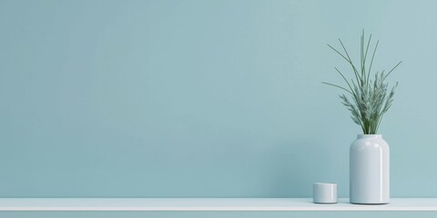 Poster - A minimalist aesthetic featuring a soft powder blue backdrop, Minimalist design elements arranged symmetrically, Contemporary minimalist style