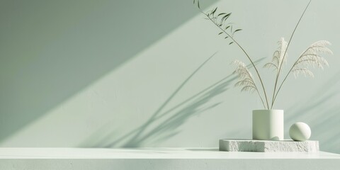 Poster - A minimalist aesthetic featuring a soft sage green backdrop, Minimalist design elements arranged symmetrically, Contemporary minimalist style