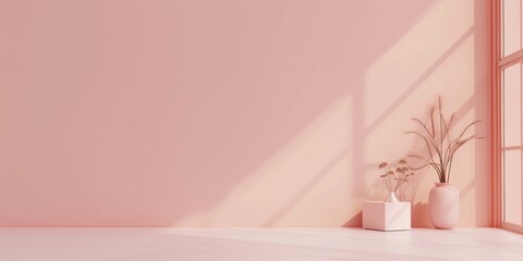 Poster - A minimalist aesthetic featuring a soft salmon backdrop, Minimalist design elements arranged symmetrically, Contemporary minimalist style
