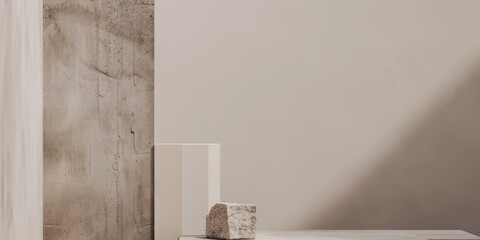 Poster - A minimalist aesthetic featuring a soft taupe grey backdrop, Minimalist design elements arranged asymmetrically, Contemporary minimalist style