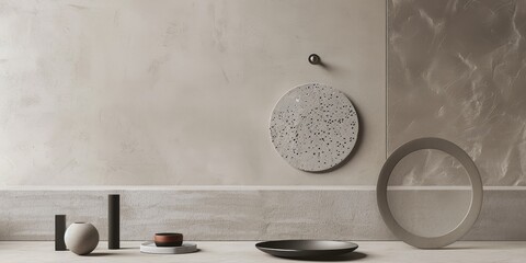 Poster - A minimalist aesthetic featuring a soft taupe grey backdrop, Minimalist design elements arranged asymmetrically, Contemporary minimalist style