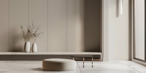 Poster - A minimalist aesthetic featuring a soft taupe grey backdrop, Minimalist design elements arranged symmetrically, Contemporary minimalist style
