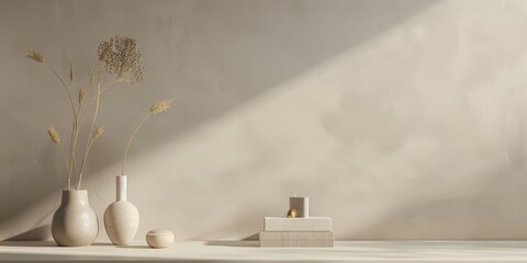 Poster - A minimalist aesthetic featuring a soft taupe grey backdrop, Symmetrical arrangement of minimalist elements, Contemporary minimalist style