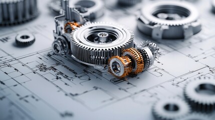 Poster - The technical drawing shows an exploded view of a mechanical gear assembly, highlighting every component in precise engineering detail.