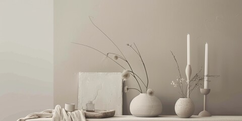 Poster - A minimalist aesthetic featuring a soft taupe grey backdrop, Symmetrical arrangement of minimalist elements, Contemporary minimalist style