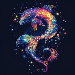 Poster - Colorful abstract fish in starry night background, art print