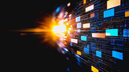 Poster - Data Flow: A futuristic, abstract visualization of data flowing through a digital network, with glowing squares representing information moving at high speed, creating a dynamic and vibrant visual.