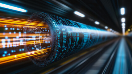 Poster - Data Stream in Motion: A futuristic digital tunnel pulsates with vibrant orange and blue light streaks, showcasing a rapid flow of binary code and data within a high-tech, abstract setting.  