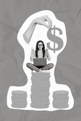 Poster - Creative poster collage of young woman entrepreneur freelancer investor trader sit pile golden coins rich successful progress earn money