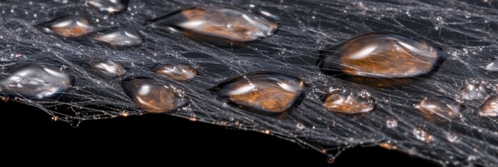 Close-up of water droplets on delicate spider web with black background for macro photography