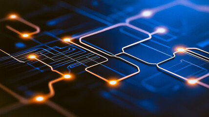 Poster - Abstract Circuit Board Glow: A mesmerizing close-up of an abstract circuit board, glowing with warm orange light against a deep blue background.