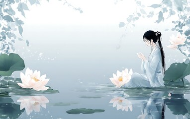 Poster - Woman in light robe amidst lotus pond, serene scene, artistic background, digital painting, possible use as phone wallpaper