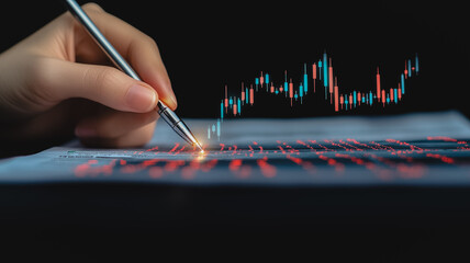 Poster - Strategic Investment: A hand meticulously analyzes financial data, a silver pen tracing a rising graph—a powerful visual of strategic planning and market analysis.