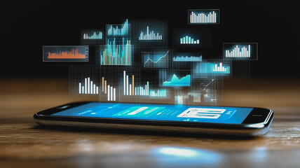 Poster - Data Insights on the Go: A smartphone displays a vibrant array of data visualizations - charts, graphs.
