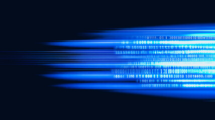 Poster - Digital Speed: Abstract representation of high-speed data transfer, depicted as streaks of blue light carrying binary code across a dark background.