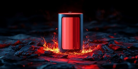 Poster - Red battery in fiery landscape. Possible stock photo use