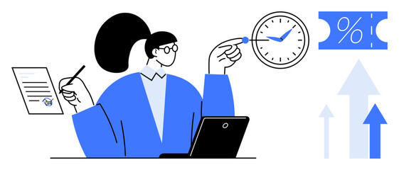 Poster - businesswoman managing time while using laptop, analyzing progress graphs and holding documents. ide