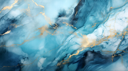 Aufkleber - Elegant blue watercolor background with golden veins and cracked marble texture. Hand painted brush strokes for luxury designs
