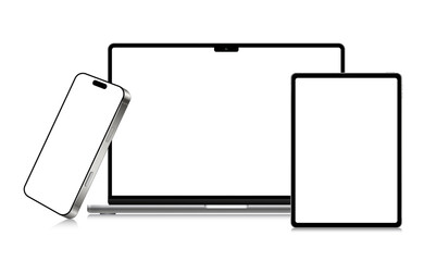 Aufkleber - Modern laptop mockup front view and high quality smartphone and tablet mockup isolated on white background. Notebook mockup and phone device mockup for ui ux app and website presentation. Vector 10eps