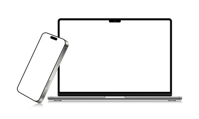 Poster - Modern laptop mockup front view and smartphone mockup high quality isolated on white background. Notebook mockup and phone device mockup for ui ux app, vector 10 eps.