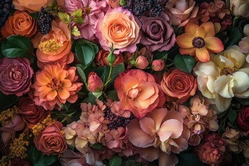 Wall Mural - Beautiful floral arrangement featuring a variety of colorful roses, peonies, and blossoms in shades of pink, orange, and cream for spring decorations and events