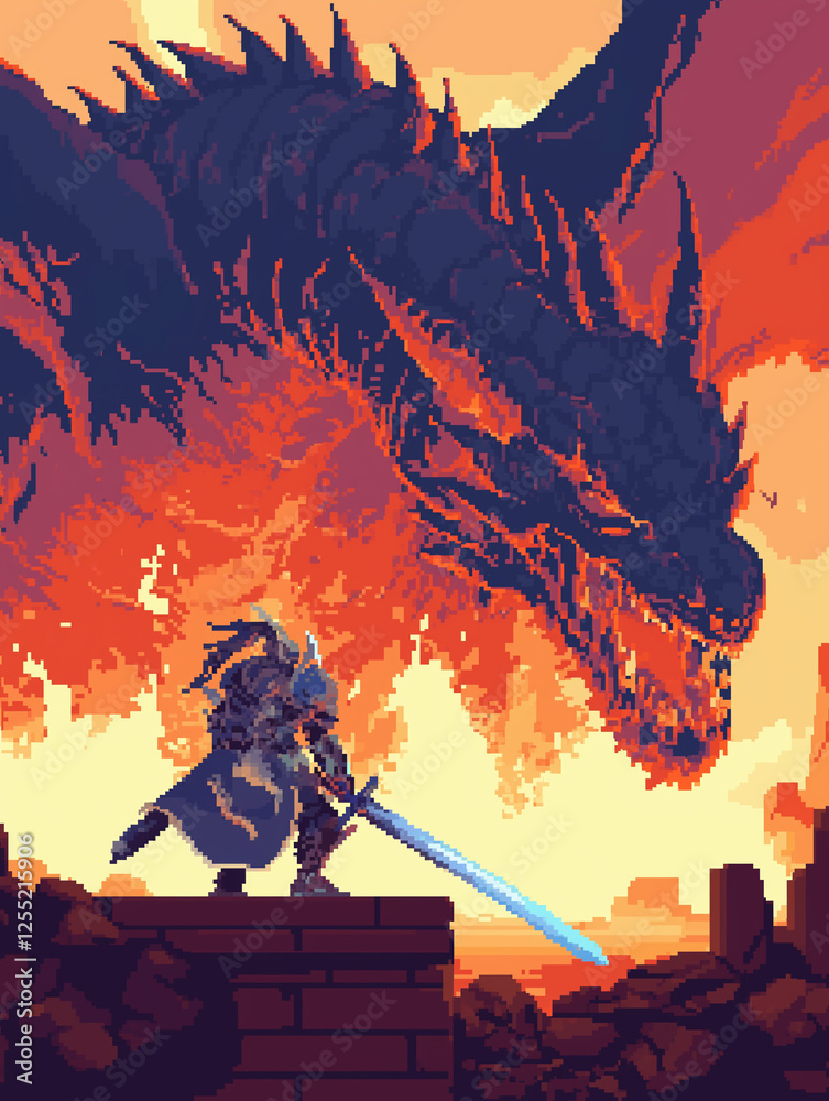 Pixel art battle scene, knight vs dragon, fire effects, 8-bit animation ...