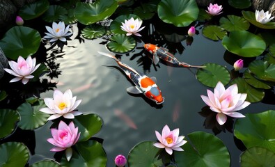 Wall Mural - koi fish pond with lotus flowers 3d wallpaper wallpaper background abstract 3d illustration backdrop