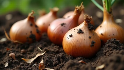 Freshly harvested onions resting in rich soil after the harvest season