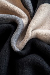 Poster - Intricate draping of soft cashmere fabric showcases sculptural folds, enhanced by sharp lighting and deep black contrasts, creating an avant-garde aesthetic ideal for fashion or interior design